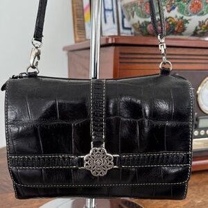 Brighton black croc-embossed leather crossbody organizer w/silver hardware